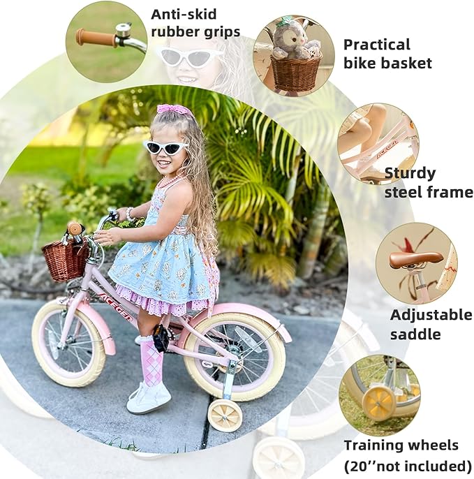 ACEGER Girls Bike with Basket, Kids Bicycle for 3-13 Years, Included Coaster Brake & Caliper Brake, 14 16 18 Inch with Training Wheels, 20 24 26 Inch with Kickstand but no Training Wheels