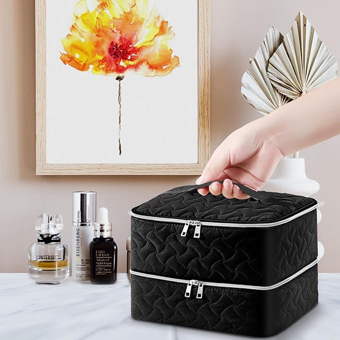 DreamGenius Nail Polish Organizer Case Holds 42 Bottles, Portable Double-Layer Nail Polish Storage Bag with Adjustable Dividers for Manicure Tools, Black