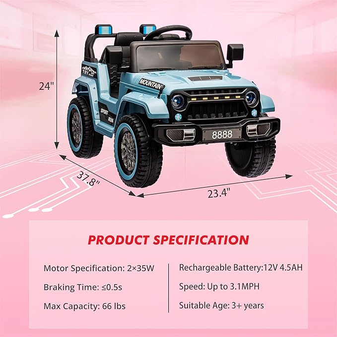 12V Kids Ride-on Truck with Parent Remote Control,All-Terrain Electric Car with Twin 35w Motors, 3 Speeds & Spring Suspension,LED Lights for Fun Night Drives,Ideal Gift for Boys & Girls