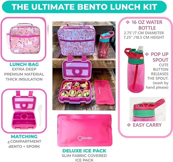 kinsho Bento Lunch Box with Insulated Bag and Water Bottle Set for Kids Toddlers, 4 Portion Sections, Removable Tray, Pre-School Girl Toddler Daycare Lunches, Snack Container, Pink Unicorn