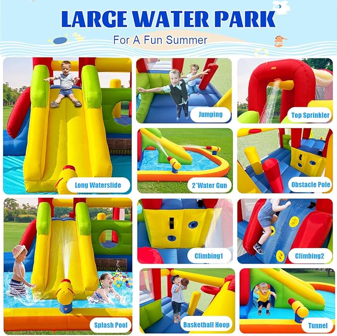 Bounce House Inflatable Water Slide for Kids, Water Park With Splash Pool, Double Cannon, 2 Climbing Walls, Obstacles, Blow Up Jumping Castle With Blower
