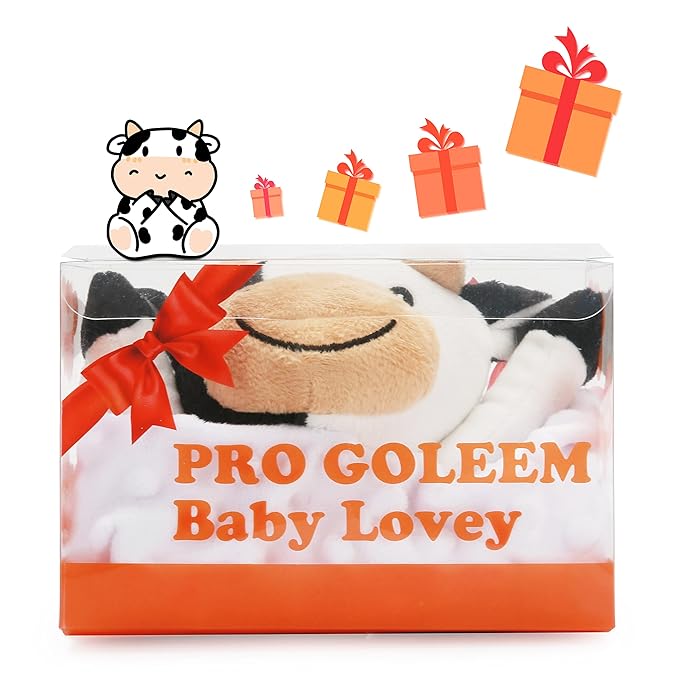 Pro Goleem Cow Security Blanket Soft Loveys for Babies for Boys and Girls Newborn Lovie Infant Blankie Cow Baby Stuff Baby Snuggle Toy Stuffed Animal Baby Gifts 16 Inch