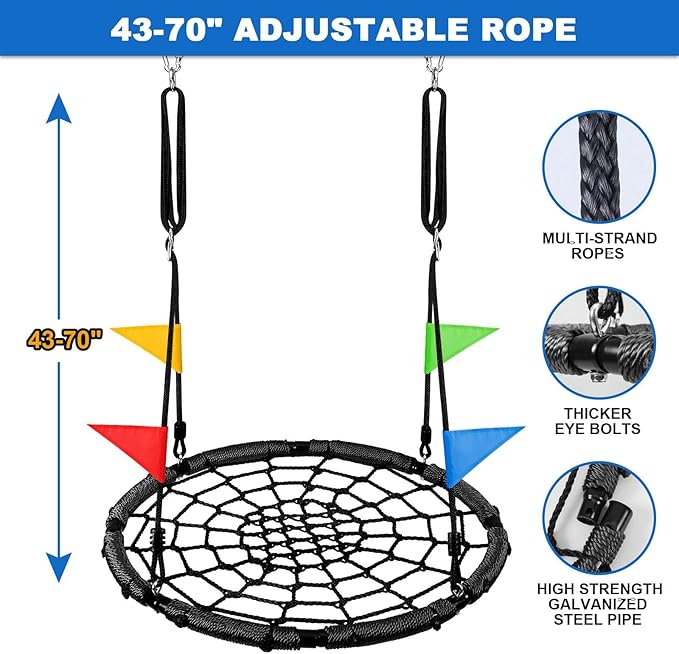 Odoland Spider Web Tree Swing for Kids and Adult, Outdoor Saucer Net Round Swing with Steel Frame and 2 Hanging Straps and Turnbuckle - 43in Large Platform for Backyard Park Travel