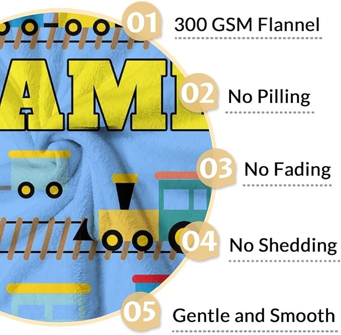 Personalized Train Blanket Gifts for Boys - Plush Fluffy Train Blankets - 40"x50" Inches for Sofa - Light Blue Cartoon Throws