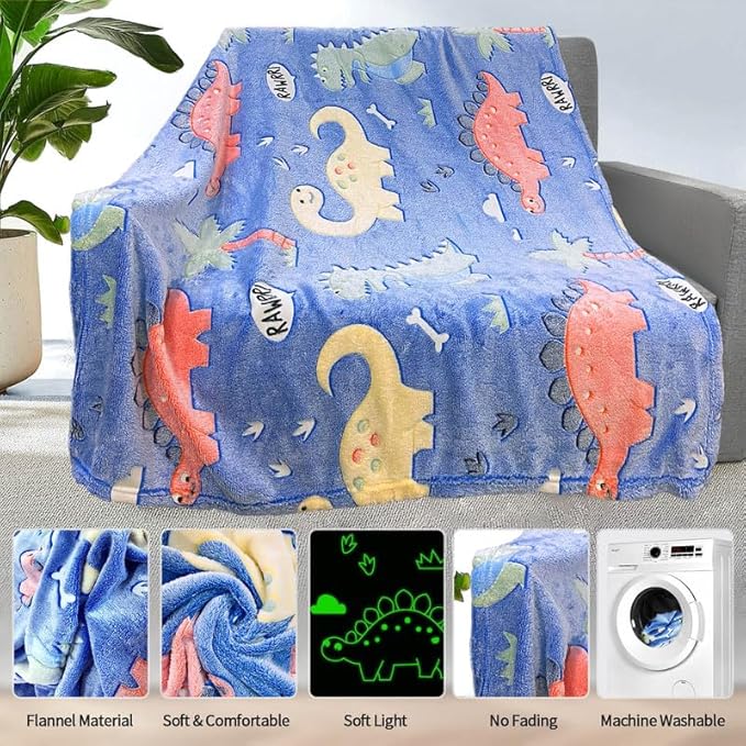 Personalized Dinosaur Blanket for Boys - Glow in The Dark, Soft Fleece Throw for Kids and Toddlers, Birthday Gift 40"x 50"