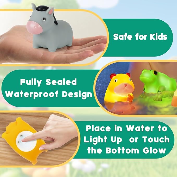 Bath Toys for Toddlers 1-3: 6 PCS Light-Up Farm Animal Bath Toy Set, Baby Bath Toys, Bathtub Pool Bath Toy for Kids, Christmas Birthday Gifts for Boys & Girls Ages 1 2 3+ Years Old