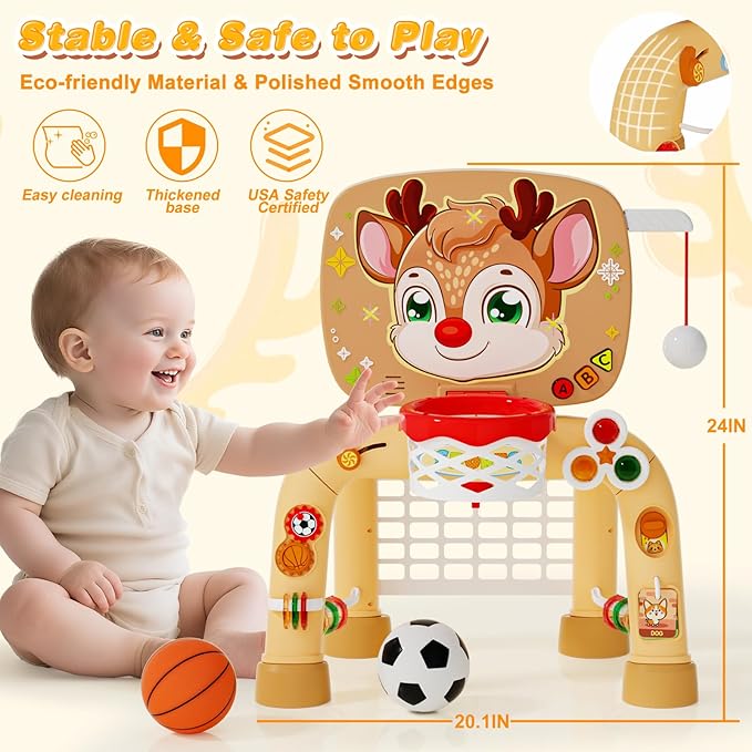 Toddler Basketball Hoop & Soccer Goal Baseball Play Activity Center,Toys for 1 2 3 Year Old Boys Girls,Montessori Sports Toys with Sound Music Christmas Birthday Gifts for Baby Kids 12 Months+