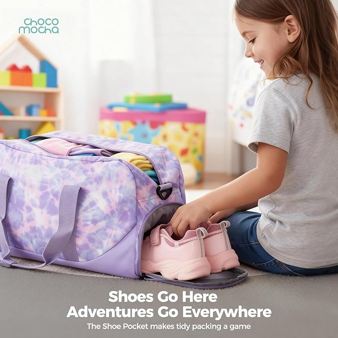 Choco Mocha Duffle Bag Kids Girls - Unicorn Overnight Bags for Kid with Shoes Compartment, Cute Weekender Bag for Sleepover Travel, Pink