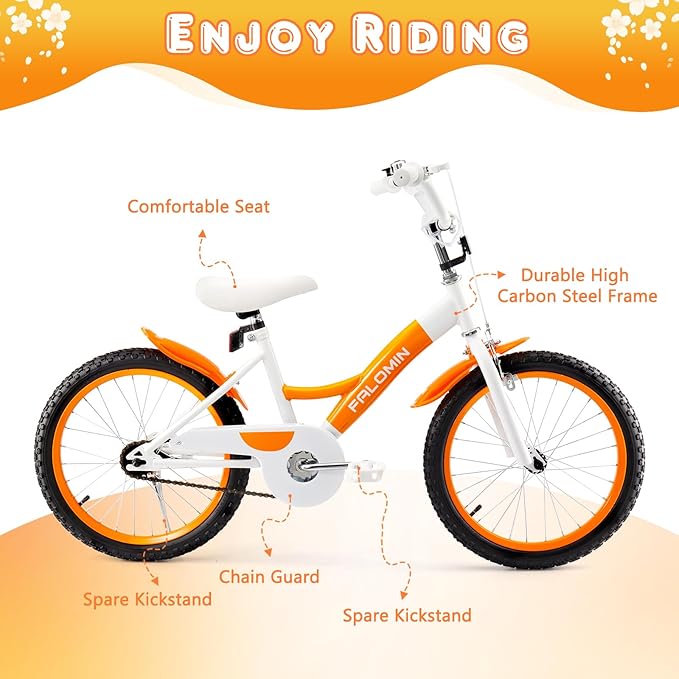 14/16/18 Inch Children’s Bike for Toddlers Kids Ages 3-9, Safe Non-Slip Tires, Removable Training Wheels, Coaster Brake, Easy Assembly, Perfect for Boys and Girls, Orange