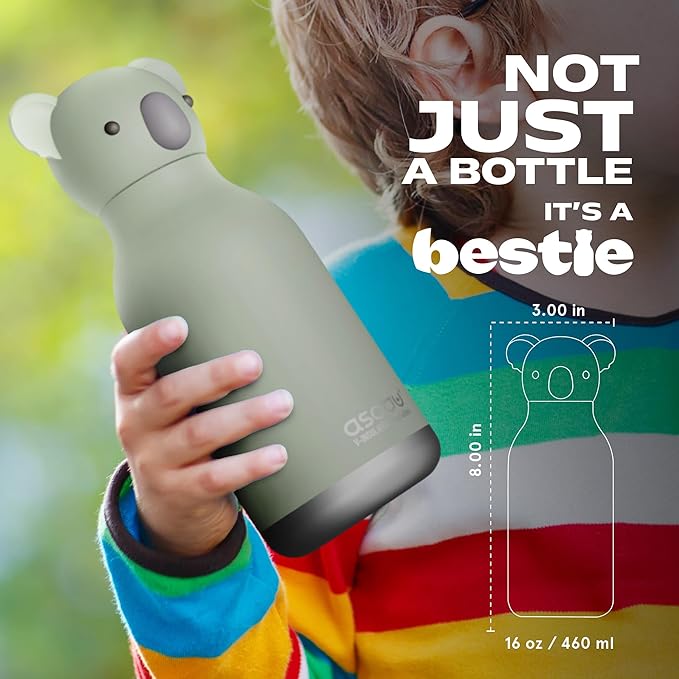 asobu Bestie Bottle Insulated Stainless Steel Water Bottle with Detachable Soft Animal Head Fun Drinking For Kids and Teens with Flexible Reusable Straw 16 Ounce (Koala)