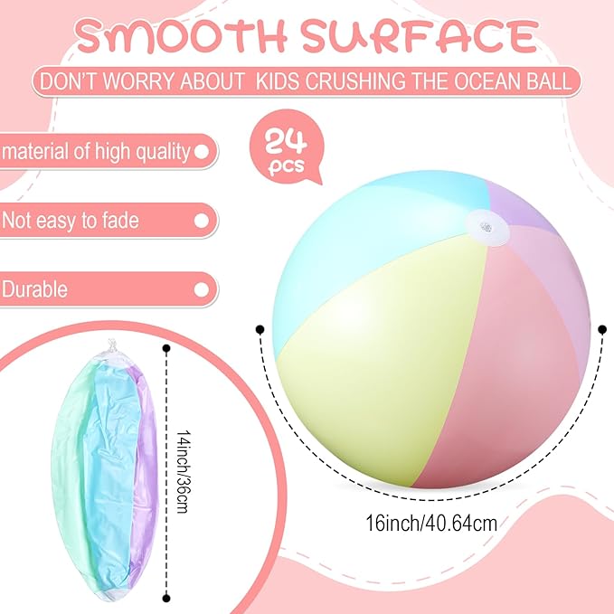 24 Pcs Inflatable Beach Balls Bulk Pastel Color Jumbo Big Macaron Beach Balls for Adults Summer Swimming Pool Water Games Party Favor(16 Inch)