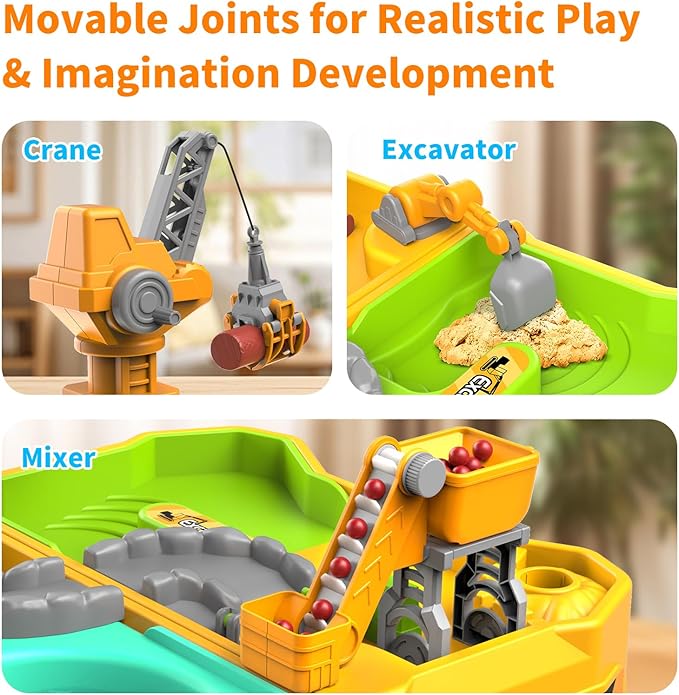 Construction Sandbox with 4 Trucks & Sand/Water Play-Foldable Portable Design Portable Beach & Backyard Toy for Ages 3-12, Outdoor Engineering Set with Rotating Crane for Kids