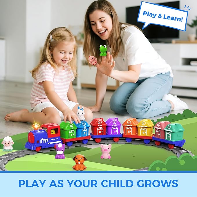 Train Set for Toddlers & Kids Boy -Montessori Counting Matching & Sorting Activity Train Set Learning Toys with Farm Animals, Finger Puppets, Tracks Music, Preschool Toy Birthday Gift for Boy Girl