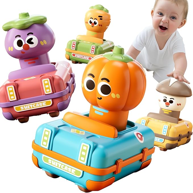 Toddler Car Toys for 1 Year Old Girl Boy, Baby Press and Go Toy Cars for Toddlers 1-3, Montessori Infant Play Vehicle Set, Play Food(Veggie) Racing Cars for 18-24 Month, 1st Birthday