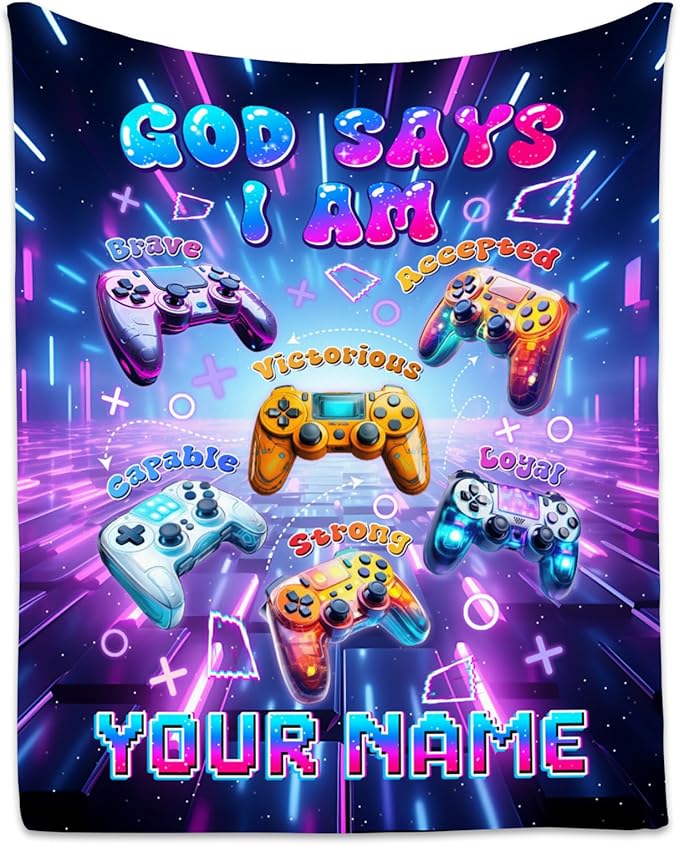 Personalized Gaming Blanket for Boys - Soft Plush Fleece Kids Throw Blanket, God Says I Am - 50"x60"