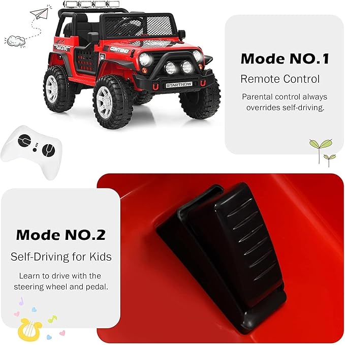 Costzon 2-Seater Ride on Truck, 12V Battery Powered Electric Vehicle w/Remote Control, 2 Speeds, Spring Suspension, LED Light, Horn, Music/ MP3, 2 Doors Open, Ride on Car for Kids (Red)