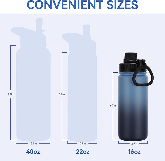 DOMICARE 16 oz Kids Water Bottle for School Stainless Steel Double Wall Vacuum Insulated Water Bottle with Straw lids & Spout Lid, Leakproof BPA Free (Blue/Navy,8)