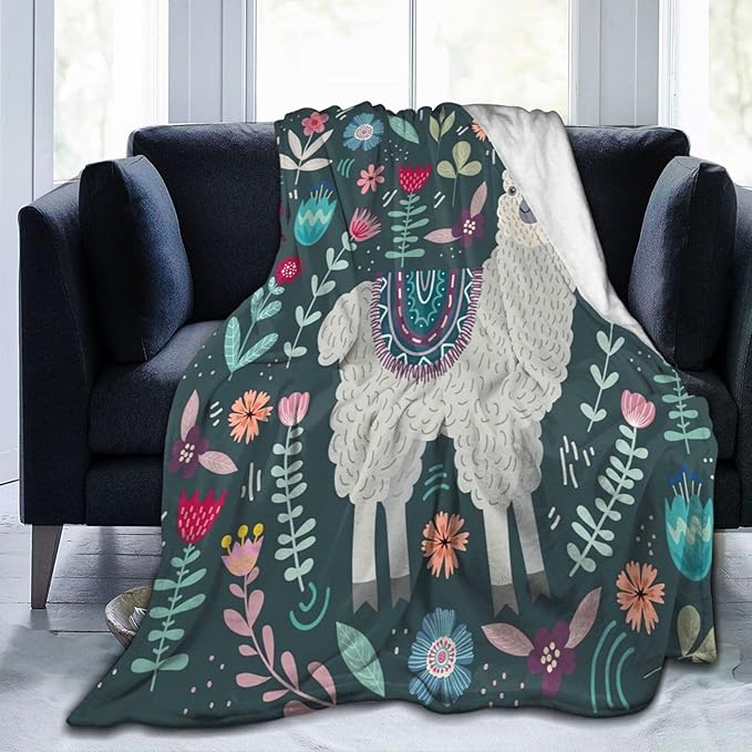 Alpaca Blanket Botanical Flower Throw Blanket Cozy Plush Boho Bohemia Llama Fleece Flannel Ultra Soft Blankets Lightweight Fuzzy Party Gifts for Adult Bed Couch Sofa Kids 60"X50"