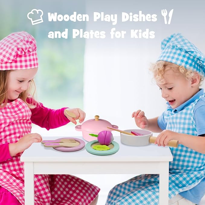 Wooden Toy Plates and Dishes for Kitchen Set, 30PCS Montessori Play Kitchen Accessories for Toddlers with Toy Pots and Pans, Wooden Play Cooking Set for 3-8 Years Girls & Boys