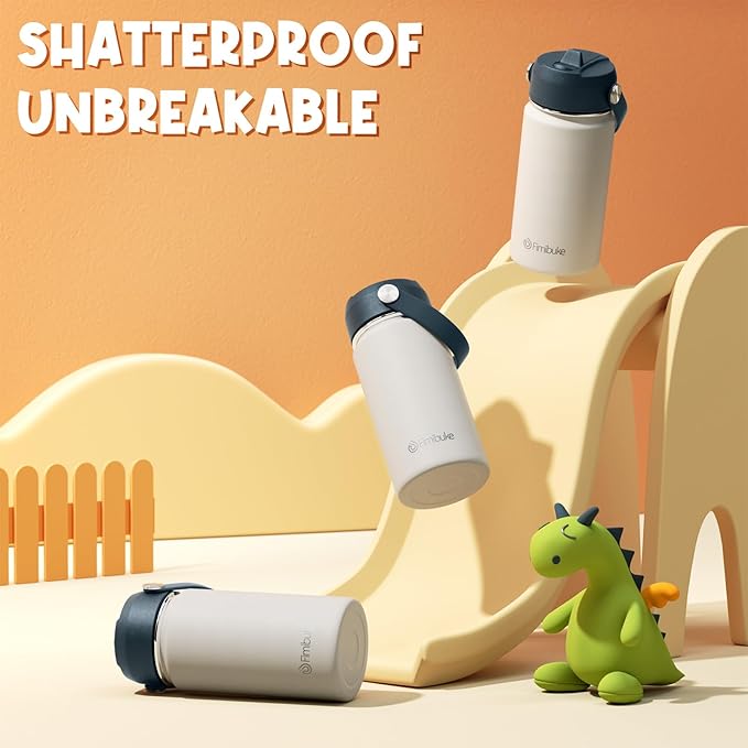 Fimibuke Kids Insulated Water Bottle, 14oz BPA FREE 18/8 Stainless Steel Travel Tumbler Double Wall Vacuum Leak Proof Kids Cup with Straw Metal Water Bottle for School Boys Girls(1 Pack, Harbor Grey)