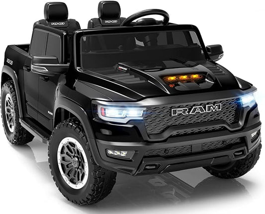 24V Ride on Toys for Big Kids, Licensed RAM 1500 RHO Electric Car for Kids w/Remote Control, Ride on Truck w/Bluetooth, LED Lights, Truck Bed Storage, Gear Shifter & Soft Start (Black)