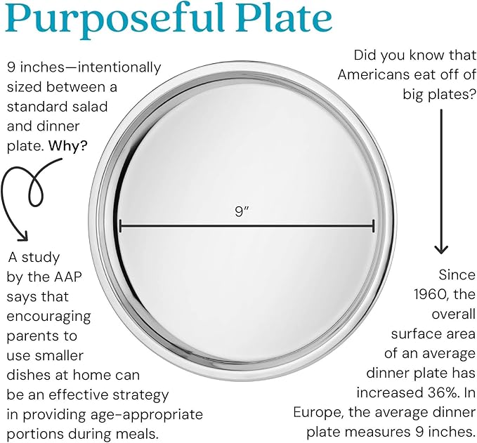Ahimsa Stainless Steel Plates for Kids, 9" Polished Non Divided Stainless Steel Plate, Pediatrician Designed & Non Toxic, Unbreakable, Dishwasher Safe, Set of 4 Classic Silver