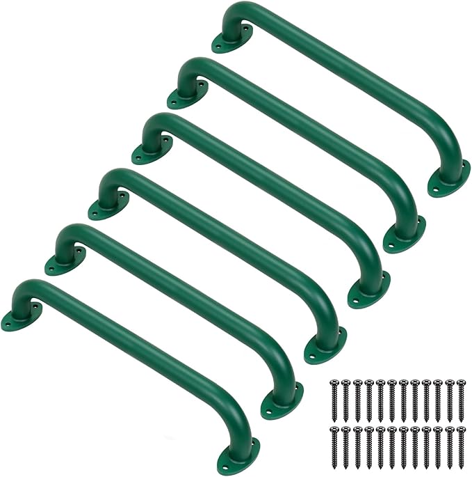 SELEWARE 6-Pack 17-Inch Green Metal Playground Safety Handles – Heavy-Duty, Non-Slip Grab Bars for Indoor/Outdoor Kids’ Playsets, Swing Sets, Playhouses, Treehouses, Jungle Gyms & Climbing Frames