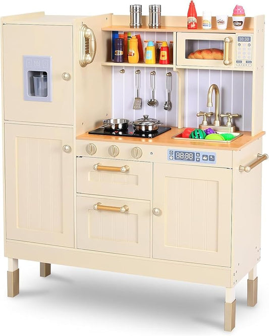 Arlopu Play Kitchen for Kids, Wooden Toy Toddler Kitchen Sets, Pretend Cooking Playset with Storage & Accessories, Realistic Light & Sound, Stove, Fridge, Microwave, Removable Sink (Beige)