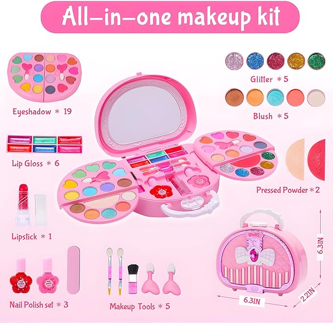 Kids Makeup Kit for Girl Real Washable Makeup Set with Mirror, Nail Polish Kit Pretend Beauty Gift for 3 4 5 6 7 8 Year Old Girls