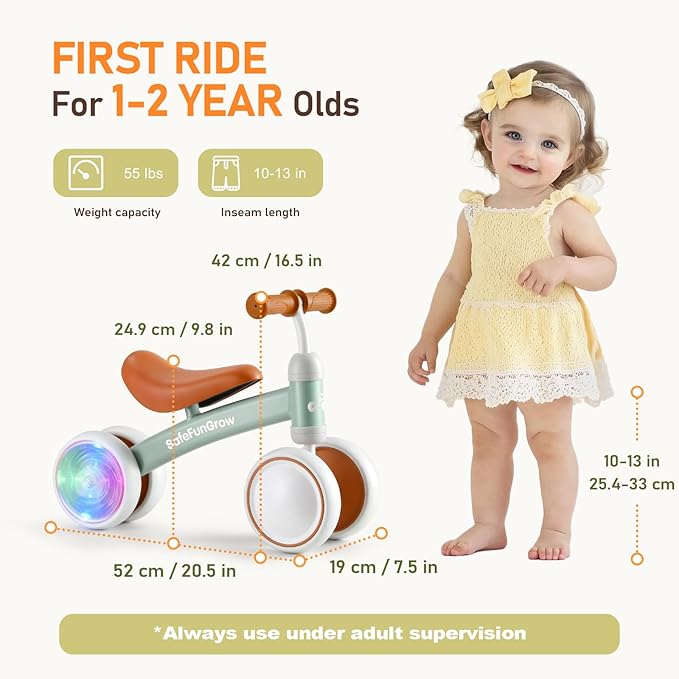 Colorful Lighting Baby Balance Bike Toys for 1 Year Old Girl Gifts, Balance Bike 1 Year Old No Pedal, 12-24 Months Toddler Ride on Toys with 4 Silent Wheels & Soft Seat, 1st Birthday Gifts, Green