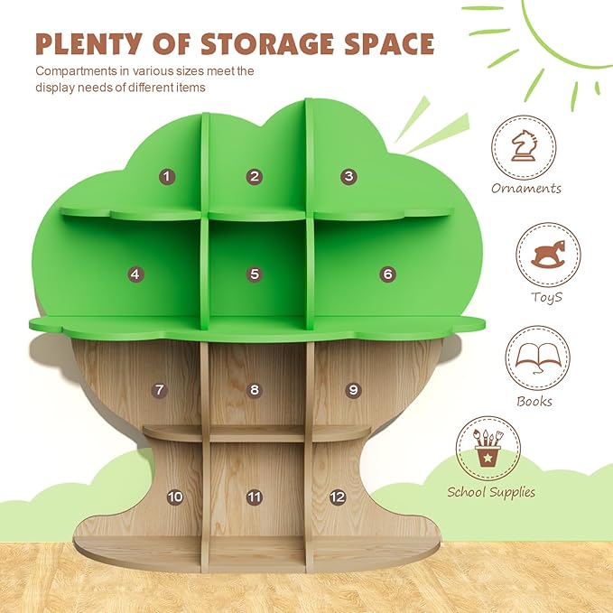 Light Green Tree Kids Bookshelf Toddler Bookcase 4-Tier Baby Book Rack Children Toy Storage Organizer Forest Wood Display Shelf Nursery Playroom Bedroom Classroom School Homeschooling Boy Girl’s Gift