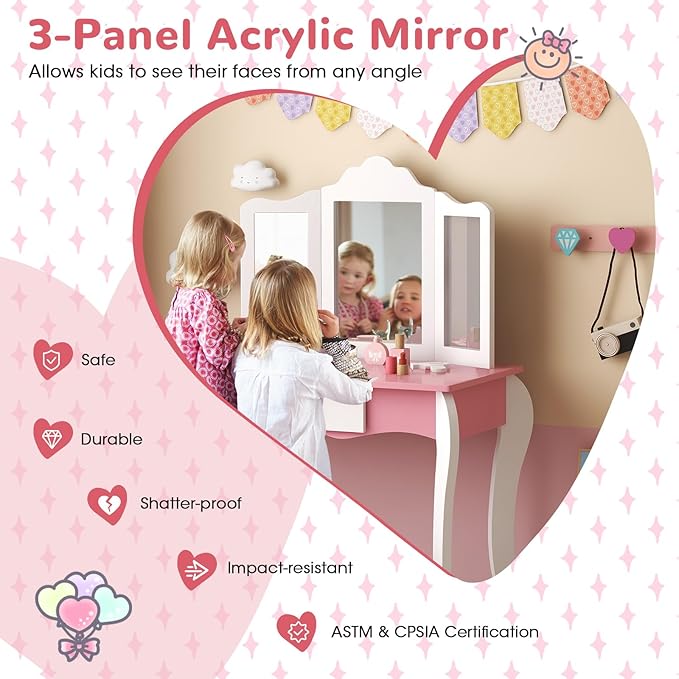 HONEY JOY Kids Vanity, Toddler Wooden Makeup Vanity Table & Chair Set, Tri-Fold Princess Mirror, Little Girls Vanity Set with Mirror and Stool (Pink)