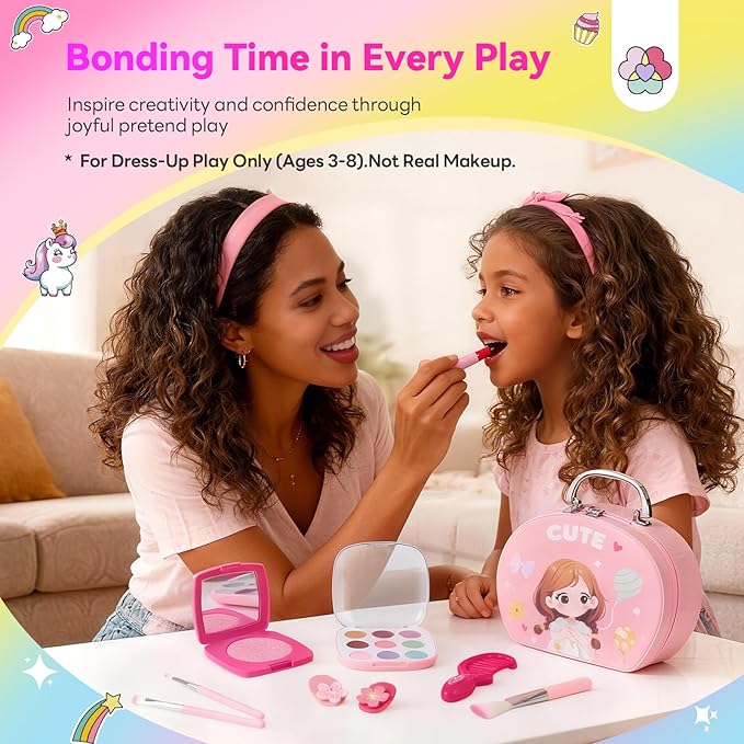 SAVILAND Pretend Makeup for Kids 27 PCS: Playful Fashion Fake Makeup Toxic-Free Toy Makeup for 3-8 Year Girls No-Mess Kids Pretend Makeup Kit Birthday Not Real Makeup