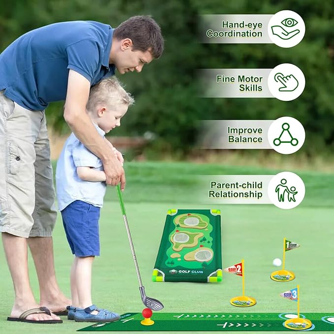 Liberry Kids Golf Club Set for 3 4 5 6 Years Old Boys Girls, Adjustable Toddler Golf Set with Putting Mat, Cornhole Board, Outdoor Indoor Sports Toy Christmas Birthday Gift