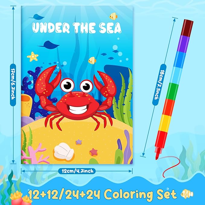 BenLouis 12 Under the Sea Mini Coloring Books Kids with 12 Stacking Crayons Ocean Animals Party Favors Small Activity Books Bulk for Kids Fish Birthday Party Gift Goodie Bag Stuffers