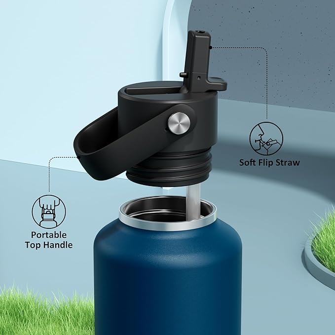 POWCAN 24 oz Water Bottle Insulated: BPA-Free, Leakproof Lid with Straw, Lightweight, Flex Cap, Stainless Steel Water Bottle for Office, Men, Gym, Commute, Worker, Walking, Cycling (Indigo Blue)