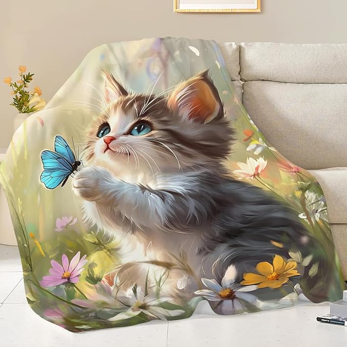 Cat Blanket Gifts for Girls Boys Blue Butterfly Throw Blankets Cozy Plush Cute Flower Fleece Lightweight Flannel Fuzzy 50"X40"