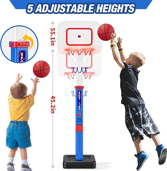 Toddler Basketball Hoop with Scoreboard/LED Basketball Rim/4 Balls, 55" Height Adjustable Basketball Hoop for Kids 3-5, Indoor Outdoor Sport Toys Birthday Gifts for Baby Boys Girls
