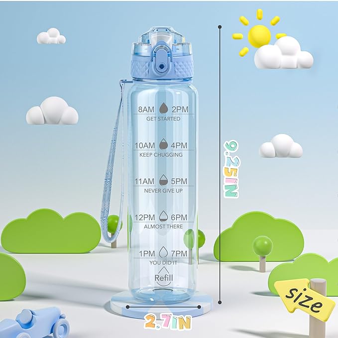 OLDLEY 17oz Kids Motivational Water Bottle, Leak-Proof Tritan BPA-Free, Reusable for School Girls & Boys, Silicone Straw, Baby Blue