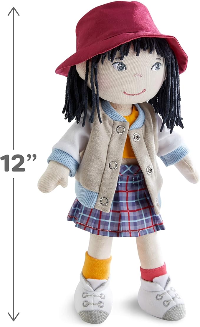 HABA 12" Soft Doll Yuki with Black Hair, Embroidered Face, Stylish Bucket Hat and Clothes - Washable Toddler Baby Doll for 18 Months+