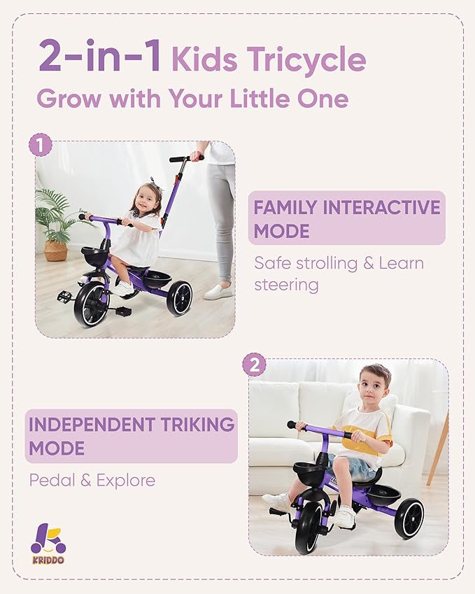 KRIDDO 2-in-1 Toddler Tricycle for Ages 18 Months to 5 Years Old - Extended Push Handle for Effortless Push, Gift Trike for Toddler 3 to 5 Year, Kids Tricycle with Foldable Front Footrest, Purple