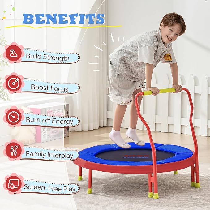 Mini Trampoline for Kids 3-6 with Super Safe Foam Handle Bar, 3ft Toddler Trampoline Indoor with No-Gap Cover for Indoor and Outdoor