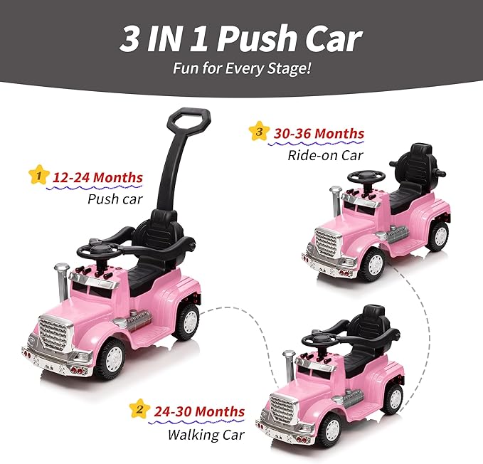 3-in-1 Ride on Push Car for Toddler with Handle, Toddler Ride on Toy for Girls Aged 1-3, Stroller Sliding Walking Car w/Music, Horn and Lights - Pink