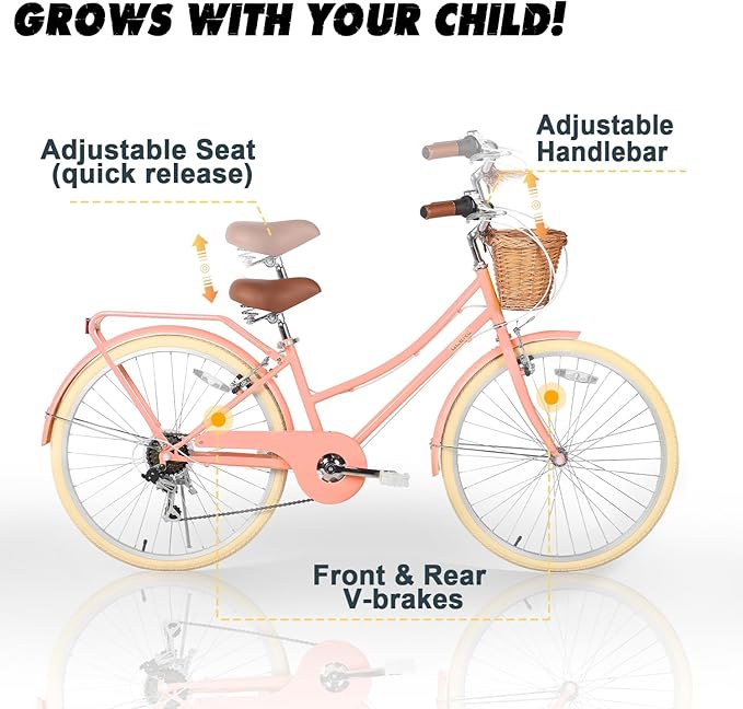 Glerc 20 24 26 Inch Beach Cruiser Bike, 6-Speed Hybrid City Bicycle for Girls Youth and Over 6 Years Old, Missy Bike with Wicker Basket & Lightweight, Multiple Colors