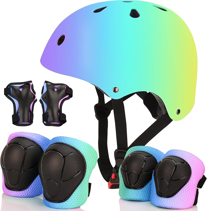 Color Gradient Adjustable Bike Helmet with Knee and Elbow Pads - Kids Toddler Boys and Girls Skateboard Helmet for Ages 3-14 | Ideal for Riding, Scooters, Inline Skating, Longboarding, Roller Skating