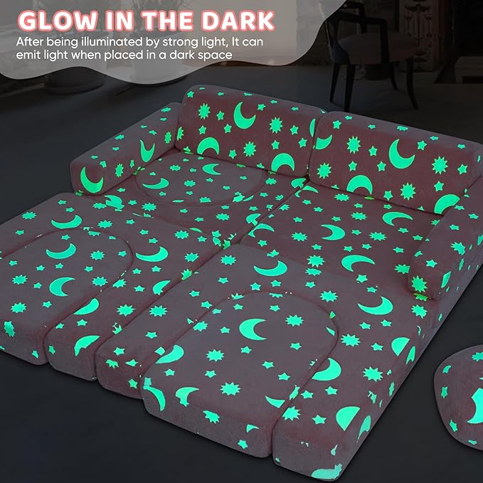 13 PCS Kids Play Couch, Modular Glowing Kids Toddler Couches, Kid Play Couch Sofa for Playroom and Bedroom (Pink)