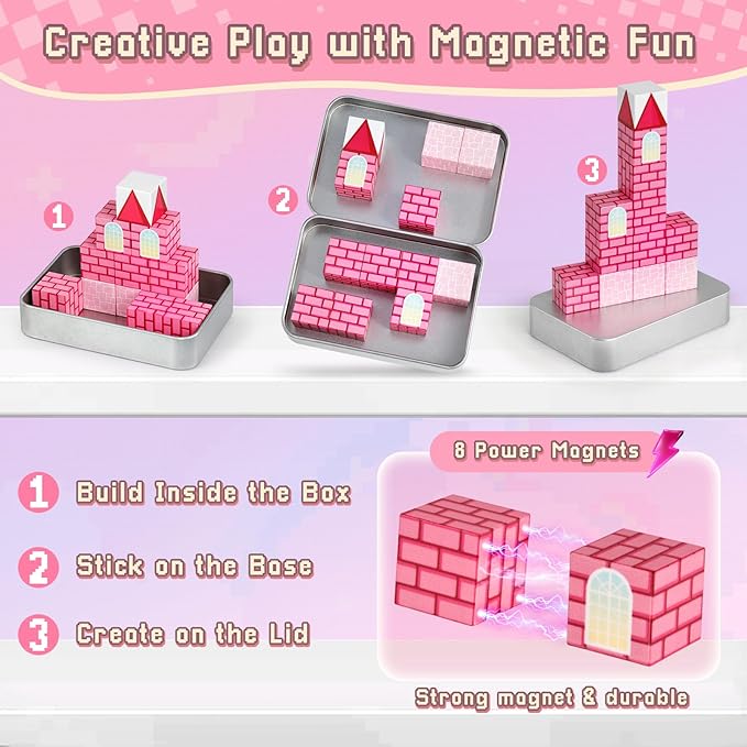 3 otters 12PCS Magnetic Building Blocks, STEM Learning Toys Magnetic Cube Kids Travel Activities with Storage Box for Girls Boys Birthday Christmas Party Gift (Castle)