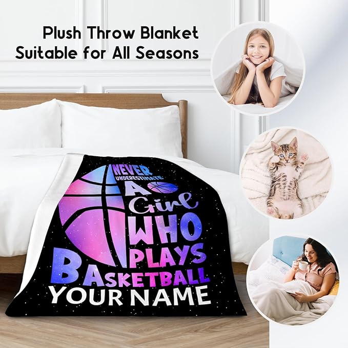 Personalized Basketball Blanket for Girls, Custom Basketball Gifts with Name for Girls, Sport Throw Blankets for Team, Kids Throws for Couch Sofa (40x50 Inch)