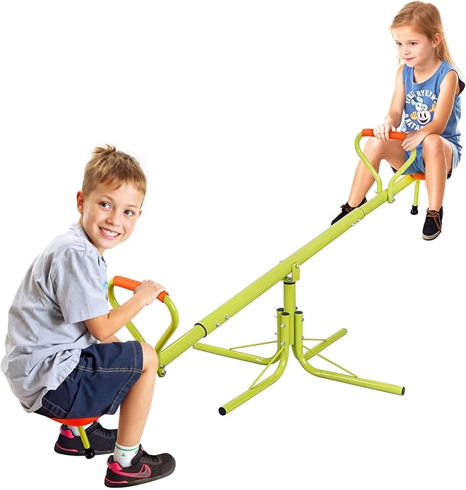 SUPER DEAL Teeter Totter Kids Seesaw, Outdoor Playground Equipment 360 Degrees Rotate All Steel Extendable Tubes for Toddlers Children Backyard, Green and Orange, 2 Seat