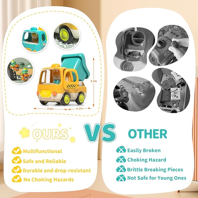 Baby Toys Push Cars for 1 2 3 Year Old Friction Powered Construction 3 Pack Friction Vehicle Set Excavator Dumper Cement Mixer Truck Lights and Musial Toys Birthday Gifts for Toddlers 1-3